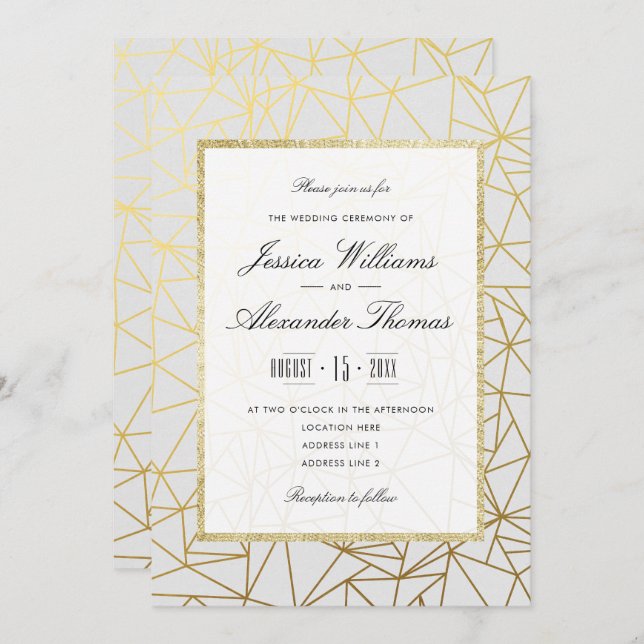 Invitation Mariage blanc et or classique (Devant / Derrière)