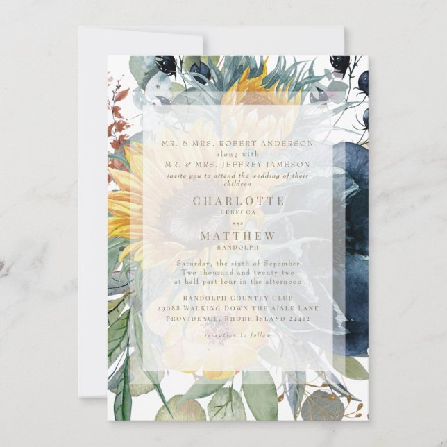 Invitation Mariage blanc floral à la chute de tournesol de la (Devant)