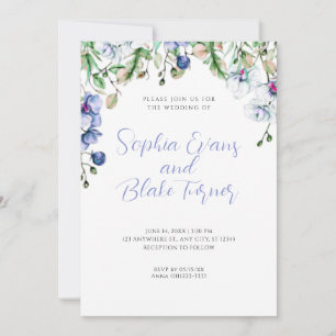 Invitation Mariage blanc floral bleu, blanc et vert moderne
