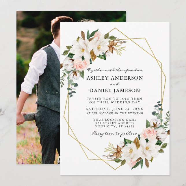 Invitation Mariage Blanc Magnolias Rose Roses Photo Or (Devant / Derrière)
