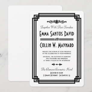 Invitation Mariage blanc & noir Art déco simple invite