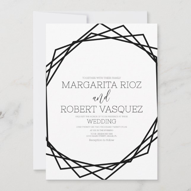Invitation Mariage blanc noir géométrique B moderne (Devant)