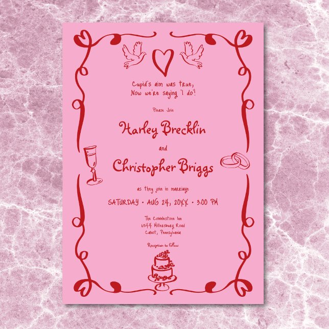 Invitation Mariage blanc rétro main dessinée rose rouge (Whimsical Retro Hand Drawn Pink Red Wedding Invitation)