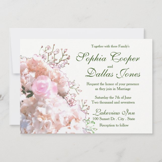 Invitation Mariage blanc romantique hortensias roses roses (Devant)