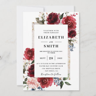 Invitation Mariage blanc rustique à la florale rouge
