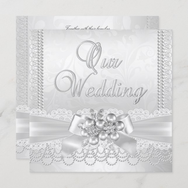 Invitation Mariage Blanc Silver Pearl Lace Damask Diamond (Devant / Derrière)