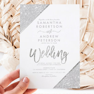 Invitation Mariage blanc typographie pailletée argentée