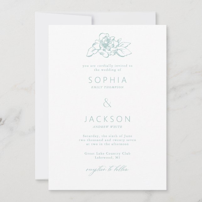 Invitation Mariage blanc vert en mousse de mer en fleur simpl (Devant)