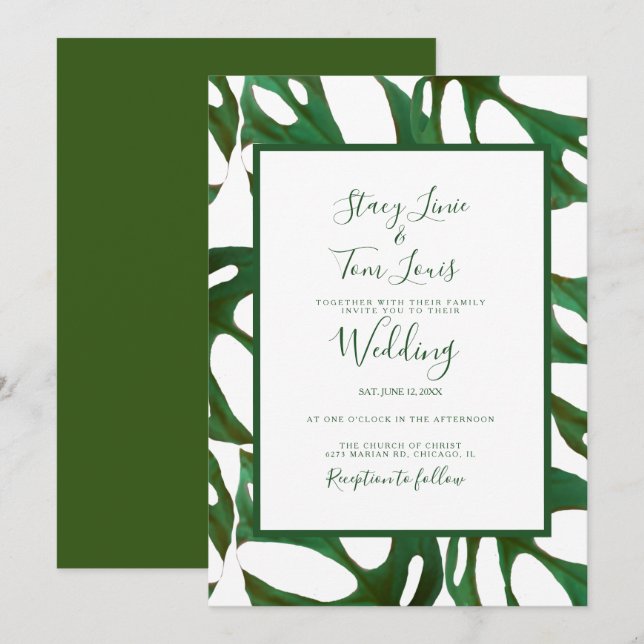 Invitation Mariage blanc vert feuille de Monstera (Devant / Derrière)