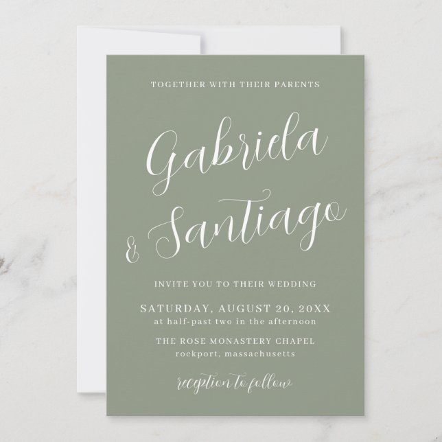 Invitation Mariage blanc vert Sage Simple (Devant)