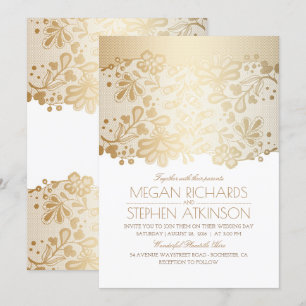 Invitation Mariage blanc vintage élégant de dentelle d'or