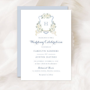 Invitation Mariage Blason Floral de Fleurs de Dusty Blue