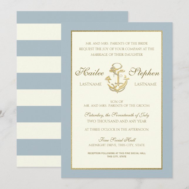 Invitation Mariage bleu acier nautique (Devant / Derrière)