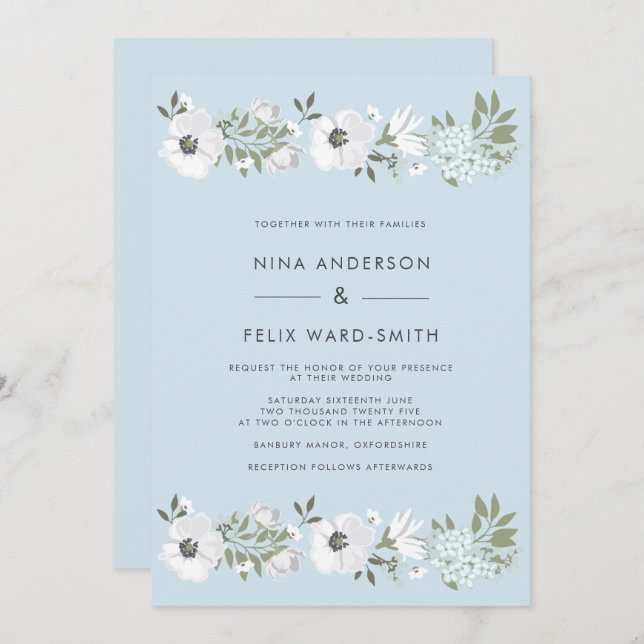 Invitation Mariage bleu anémone vintage (Devant / Derrière)