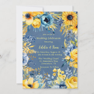Invitation Mariage bleu Aquarelle Jaune