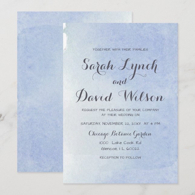Invitation Mariage bleu aquarelle rustique (Devant / Derrière)