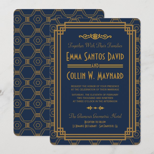 Invitation Mariage bleu Art Déco personnalisé (Devant / Derrière)
