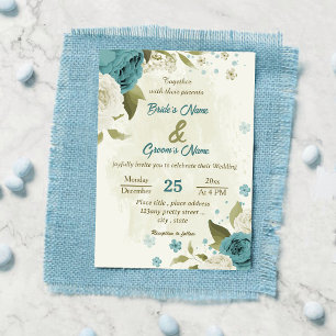 Invitation mariage bleu blanc fleurs verdure