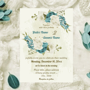 Invitation mariage bleu blanc fleurs verdure