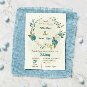 Invitation mariage bleu blanc fleurs verdure