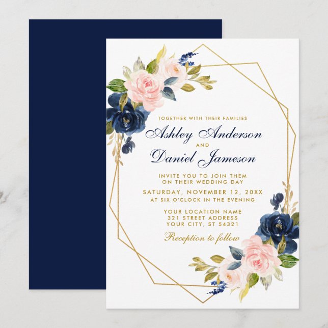 Invitation Mariage bleu bleu bleu rose rose or géométrique (Devant / Derrière)