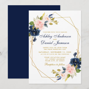 Invitation Mariage bleu bleu bleu rose rose or géométrique