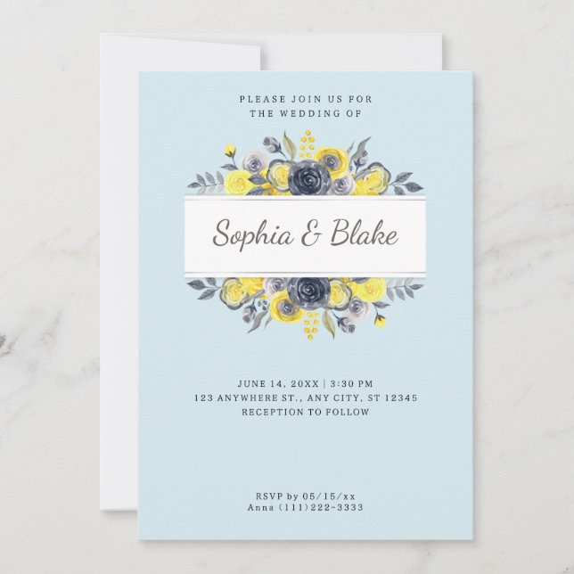 Invitation Mariage bleu clair à cadre fleuri jaune et bleu (Devant)