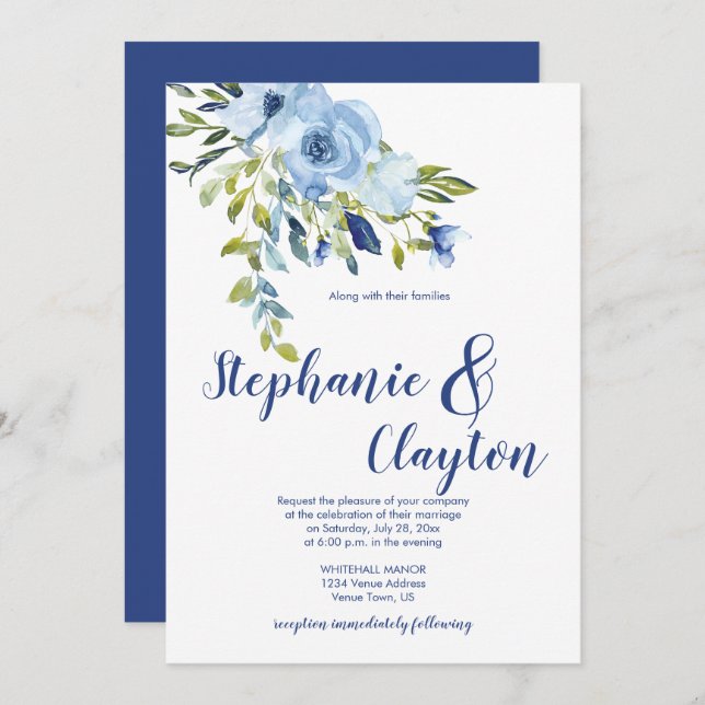 Invitation Mariage bleu clair et couleur marine | (Devant / Derrière)
