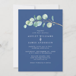 Invitation Mariage bleu classique simple Eucalyptus Foliage