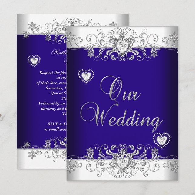 Invitation Mariage Bleu Cœurs de Diamant Argent 2a (Devant / Derrière)