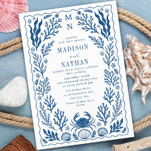 Invitation Mariage bleu coquille de crabe marin plage océan