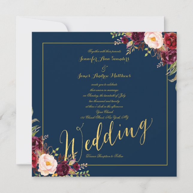 Invitation Mariage bleu de la marine britannique Floral Gold  (Devant)