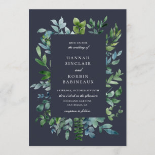 Invitation Mariage bleu de la marine en feuillage rustique