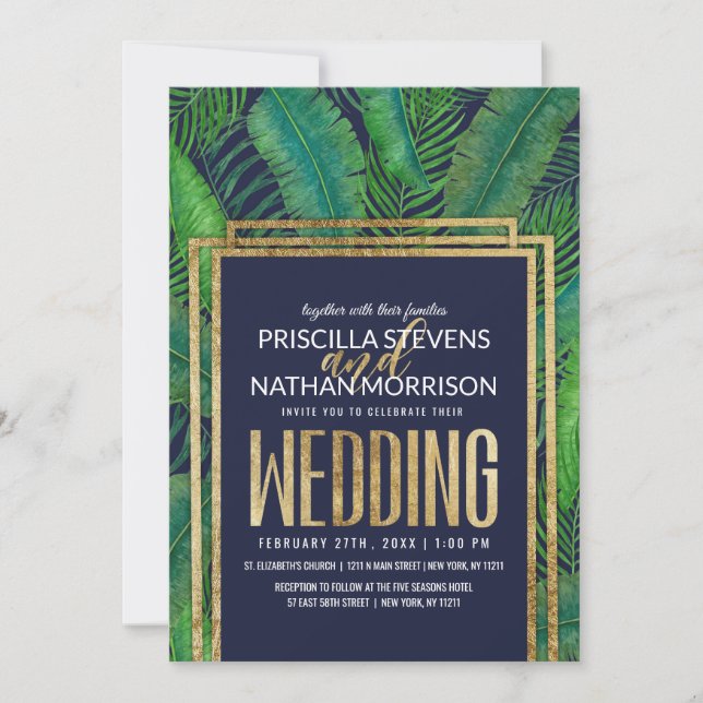 Invitation Mariage bleu de la marine Gold Navy Tropical Palm  (Devant)