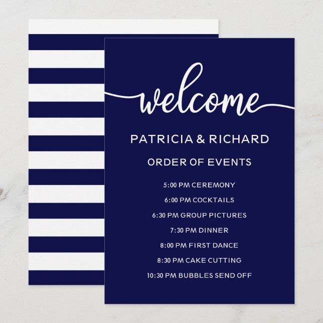 Invitation Mariage bleu de la Marine Ordre des événements Cal (Devant / Derrière)