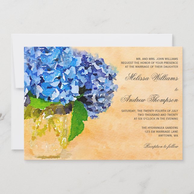 Invitation Mariage bleu de pot de maçon d'aquarelle (Devant)