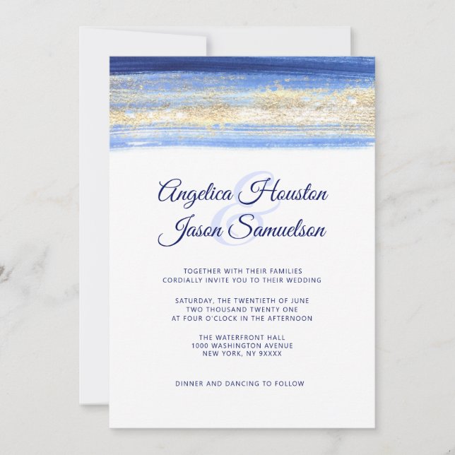Invitation Mariage bleu d'or de marine d'aquarelle moderne (Devant)