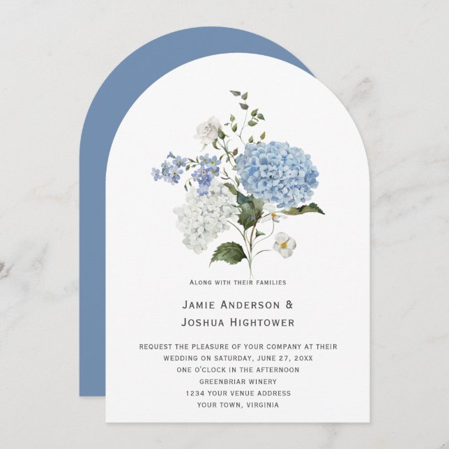 Invitation Mariage bleu et blanc Hydrangea Rose blanche (Devant / Derrière)