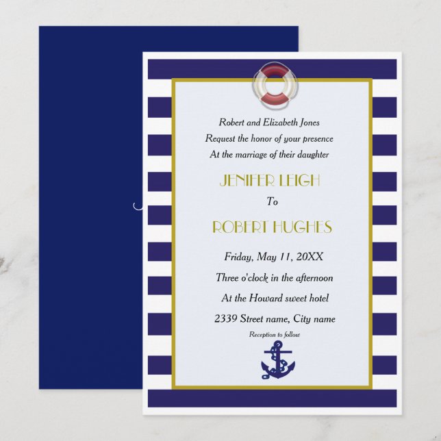 Invitation Mariage bleu et blanc marine (Devant / Derrière)