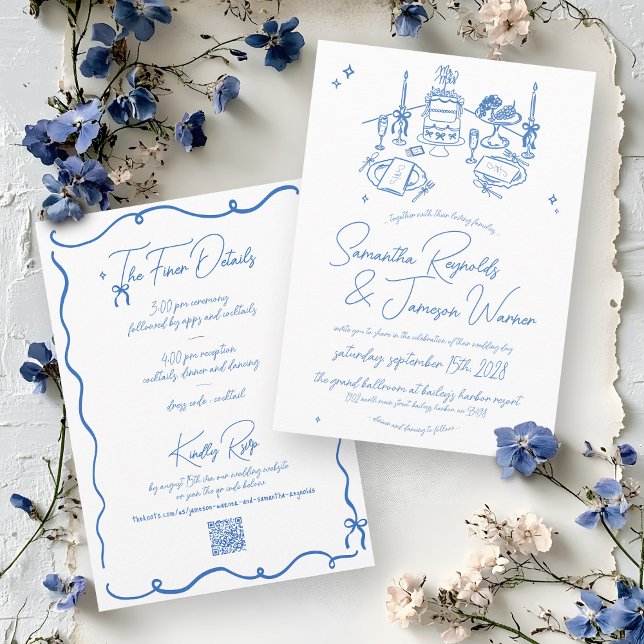 Invitation Mariage Bleu et blanc pour gribouillis à main rétr (Modern minimalist hand drawn handwritten quirky blue and white scribbles doodles wedding invitation)