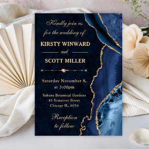 Invitation Mariage bleu et or avec paillettes d'agate et de m