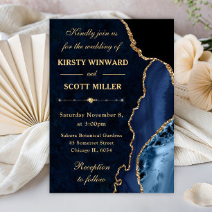 Invitation Mariage bleu et or avec paillettes d'agate et de m