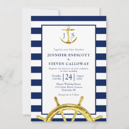 Invitation Mariage bleu et or classique de la marine nautique