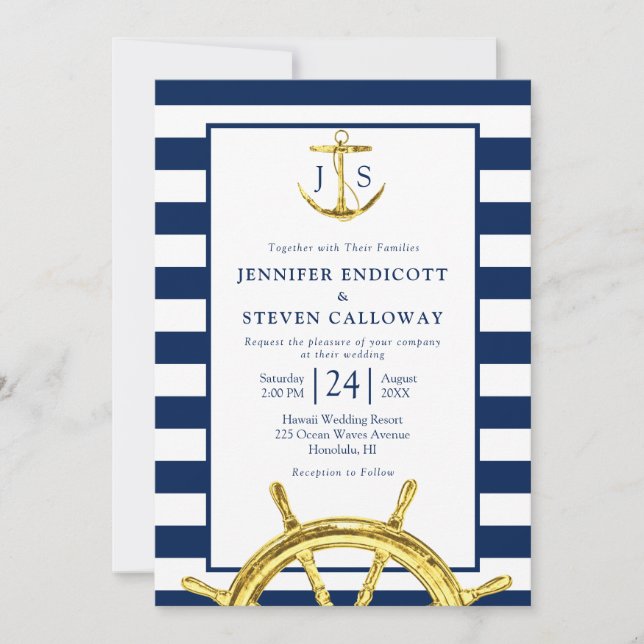 Invitation Mariage bleu et or classique de la marine nautique (Devant)