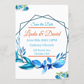 Invitation Mariage Bleu et Orange Épargnez la Date