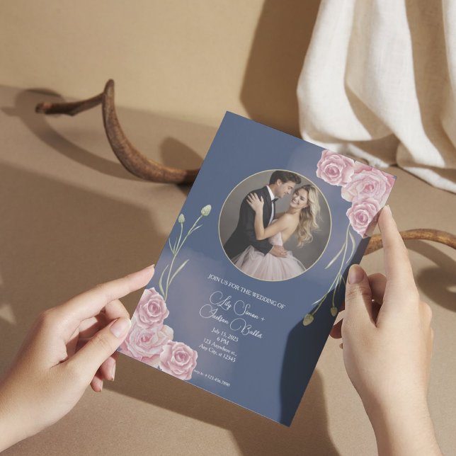 Invitation Mariage bleu et rose pâle de la marine romantique (Créateur téléchargé)