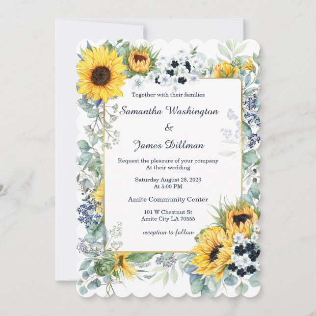Invitation Mariage bleu et tournesol de la Marine (Devant)