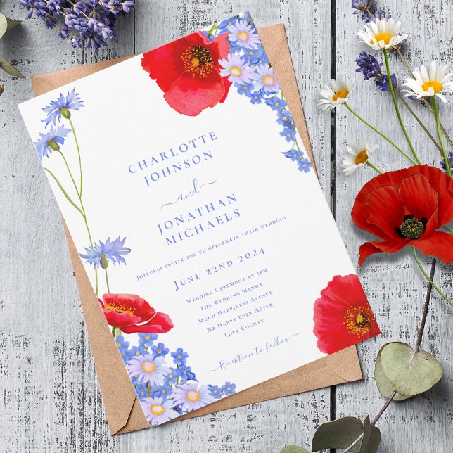 Invitation Mariage bleu Fleur sauvage moderne (Modern wildflower watercolor with poppy cornflower and daisy wedding invitation)