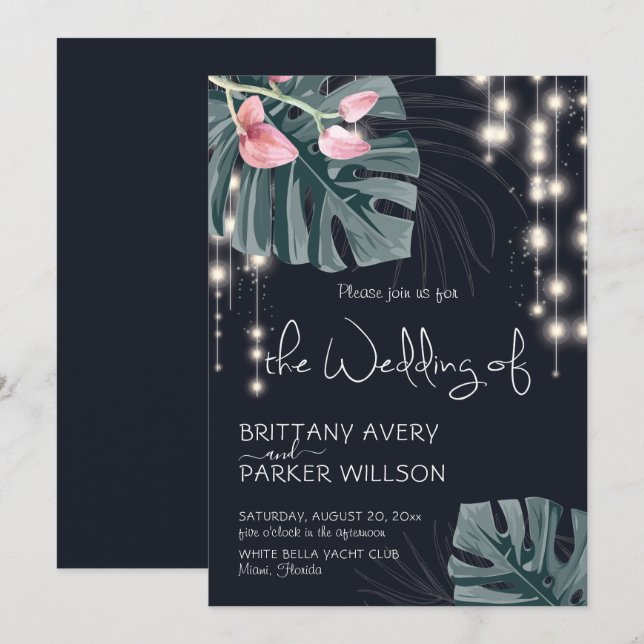Invitation Mariage bleu floral tropical (Devant / Derrière)