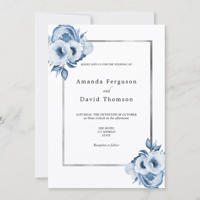 Invitation Mariage bleu foncé argent couleur eau (Devant)